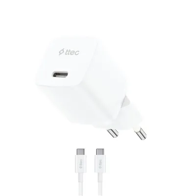 ttec SmartCharger GAN 20W PD Travel Fast Charger + Type-C - Type-C 60W White Kabel va adapter