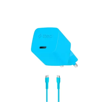 ttec SmartCharger GAN 20W PD Travel Fast Charger + Type-C - Type-C 60W Neon Blue Kabel va adapter
