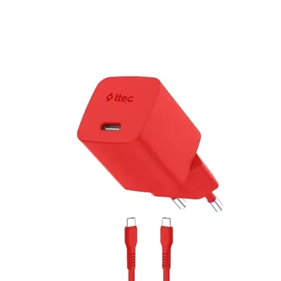 ttec SmartCharger GAN 20W PD Travel Fast Charger + Type-C - Type-C 60W Neon Red Kabel va adapter